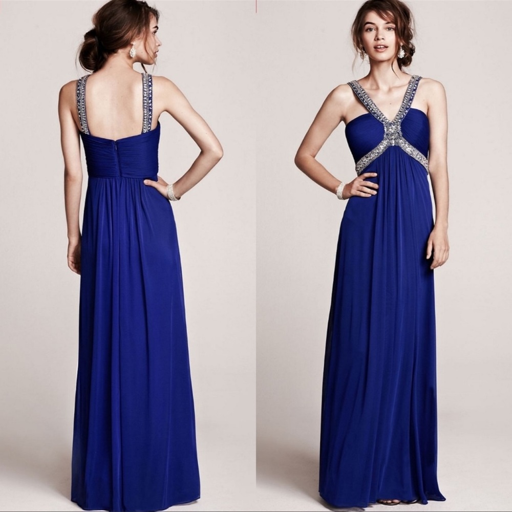 Xscape Prom Dress Maxi Rhinestone Beaded Blue Sz 2